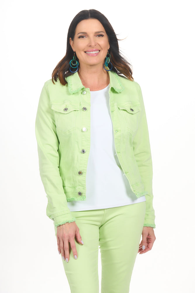 Front view lime color jean jacket with fray edges