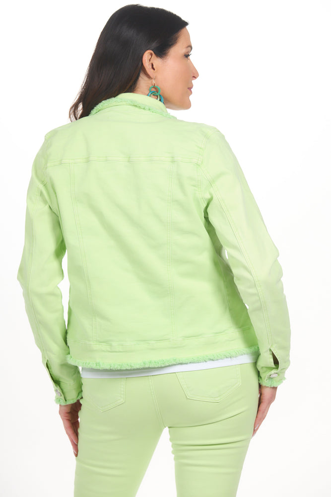Back view lime color jean jacket with fray edges
