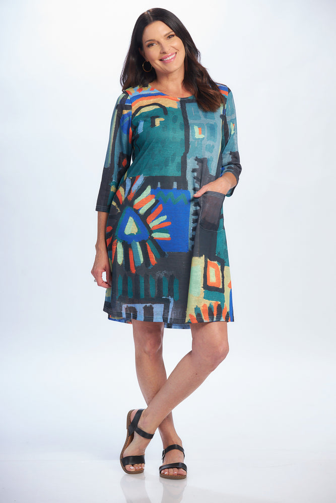 Front image of colorful abstract print 3/4 dress 