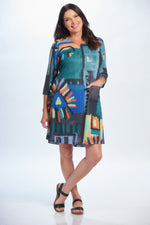 Front image of colorful abstract print 3/4 dress 