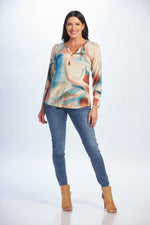 Full front image of multicolor long sleeve split neck top
