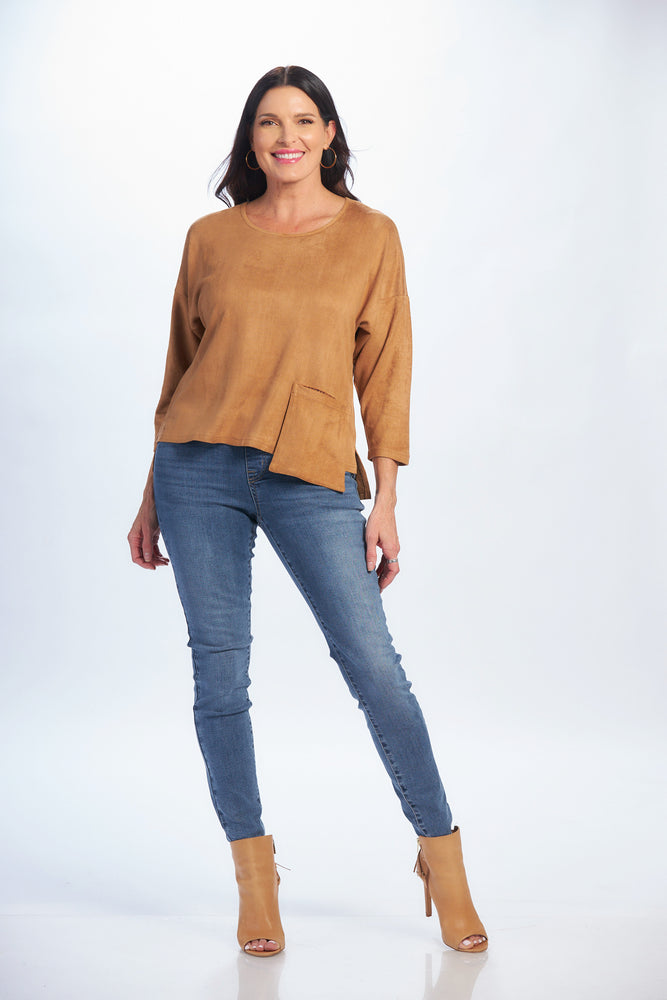 Full front front image of camel color long sleeve micro suede top with pocket