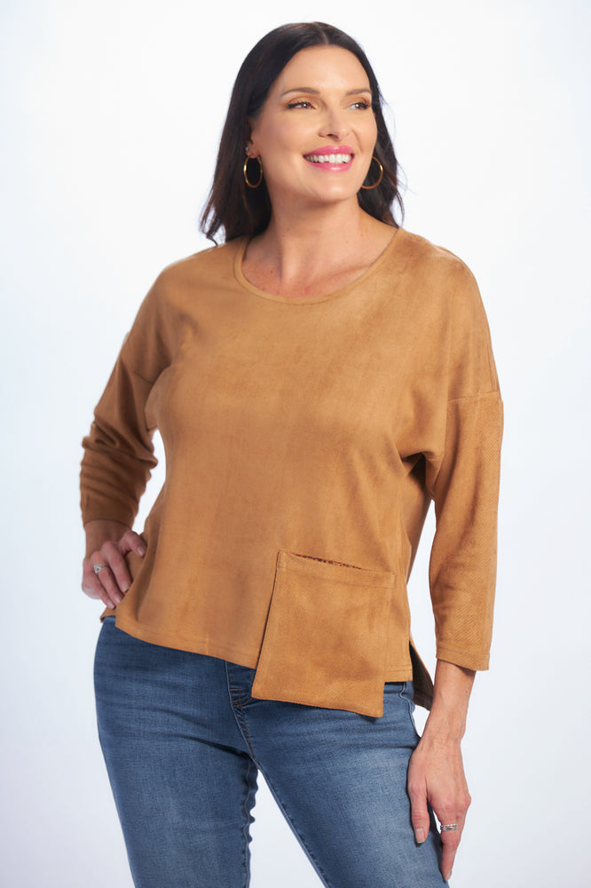 Front image of camel color long sleeve micro suede top with pocket