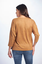 Back image of camel color long sleeve micro suede top with pocket