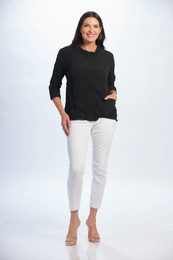 Full front image of 3/4 sleeve black crinkle top with pocket
