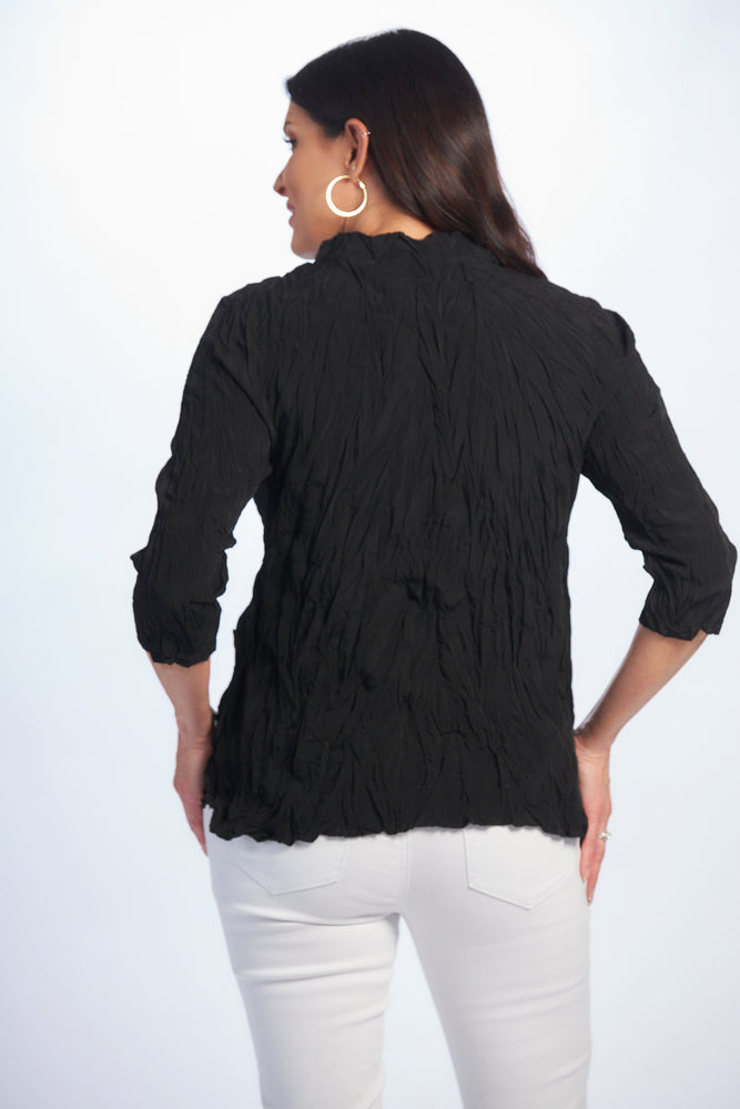 Back image of 3/4 sleeve black crinkle top with pocket