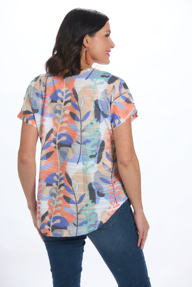 Back  view of short sleeve v-neck shirt tail hem multicolor print top