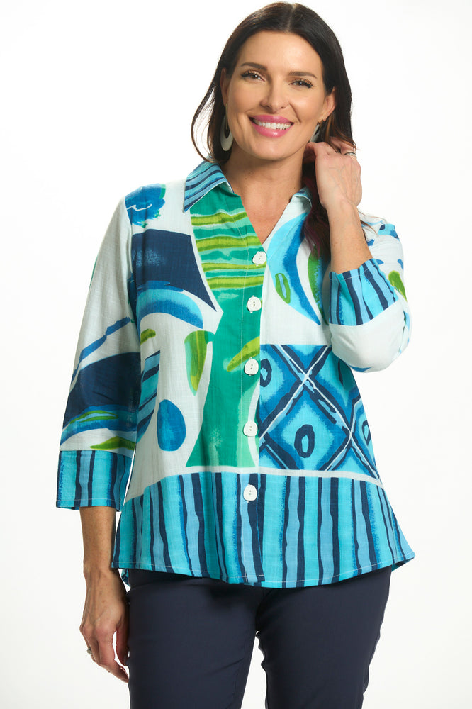Front view 3/4 sleeve button front multi-color print top