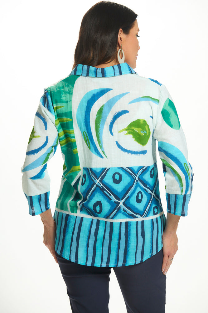 Back view 3/4 sleeve button front multi-color print top