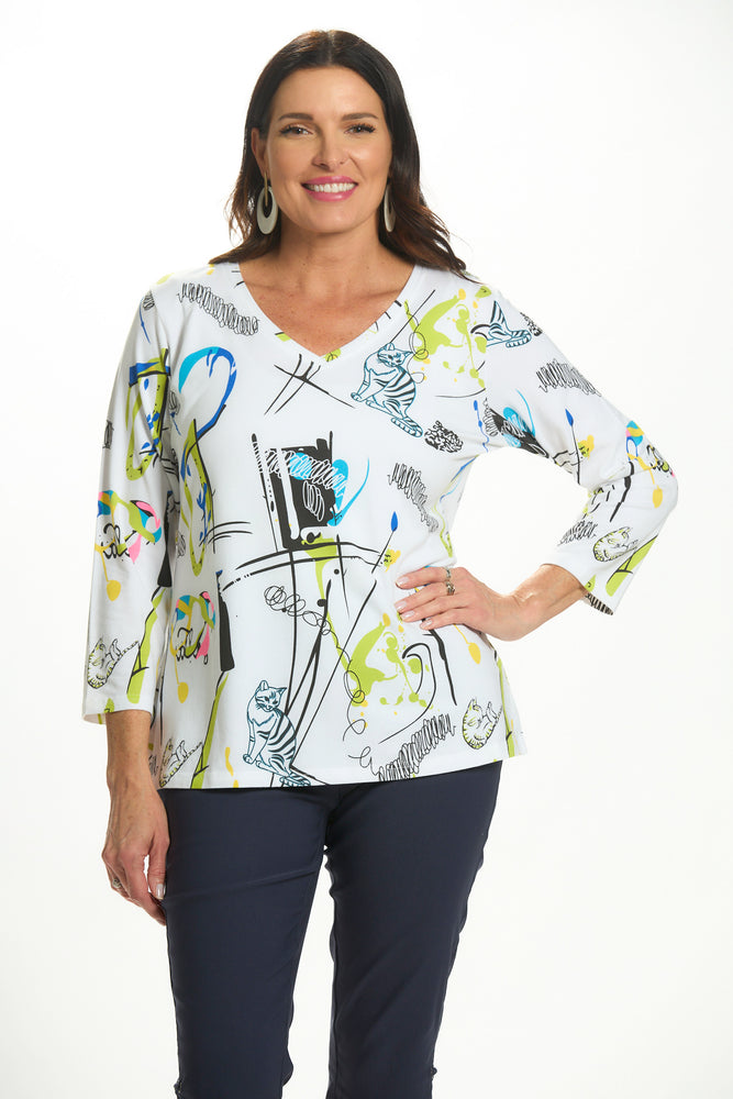 Front view of 3/4 sleeve cat print top
