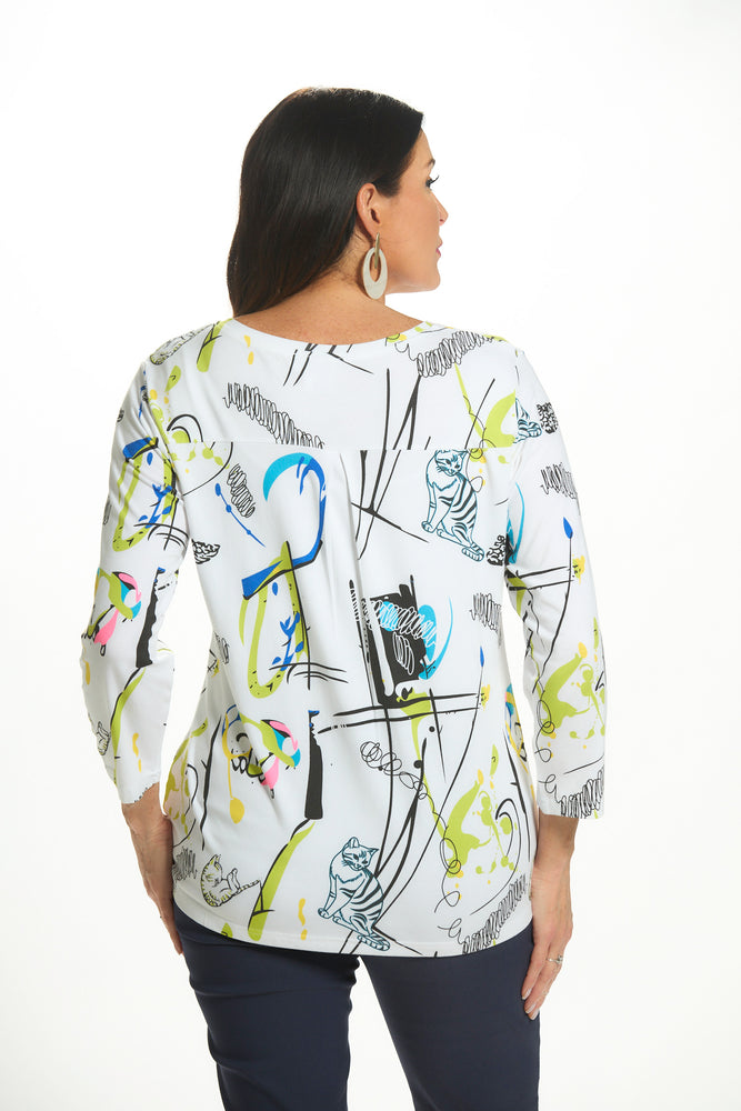 Back view of 3/4 sleeve cat print top