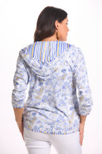 Back view of reversable blue print zip hoodie