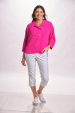 Fullfront image of berry color 2 button airflow top wit 3/4 sleeve 