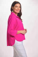 Side image of berry color 2 button airflow top wit 3/4 sleeve 