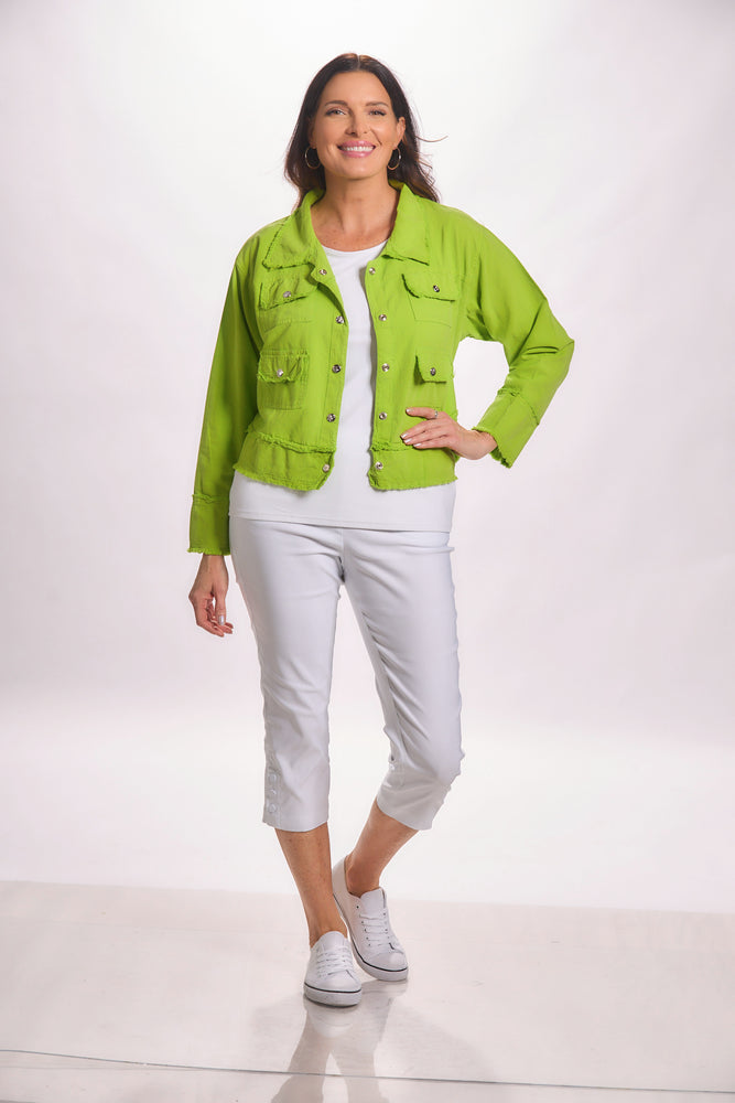 Full front image lime green lightweight snap front long sleeve jacket
