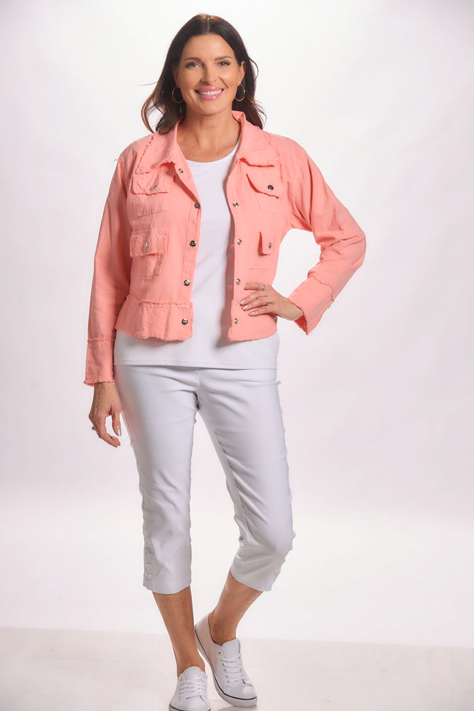 Full front image of melon color lightweight snap front jacket