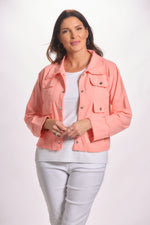 Front image of melon color lightweight snap front jacket