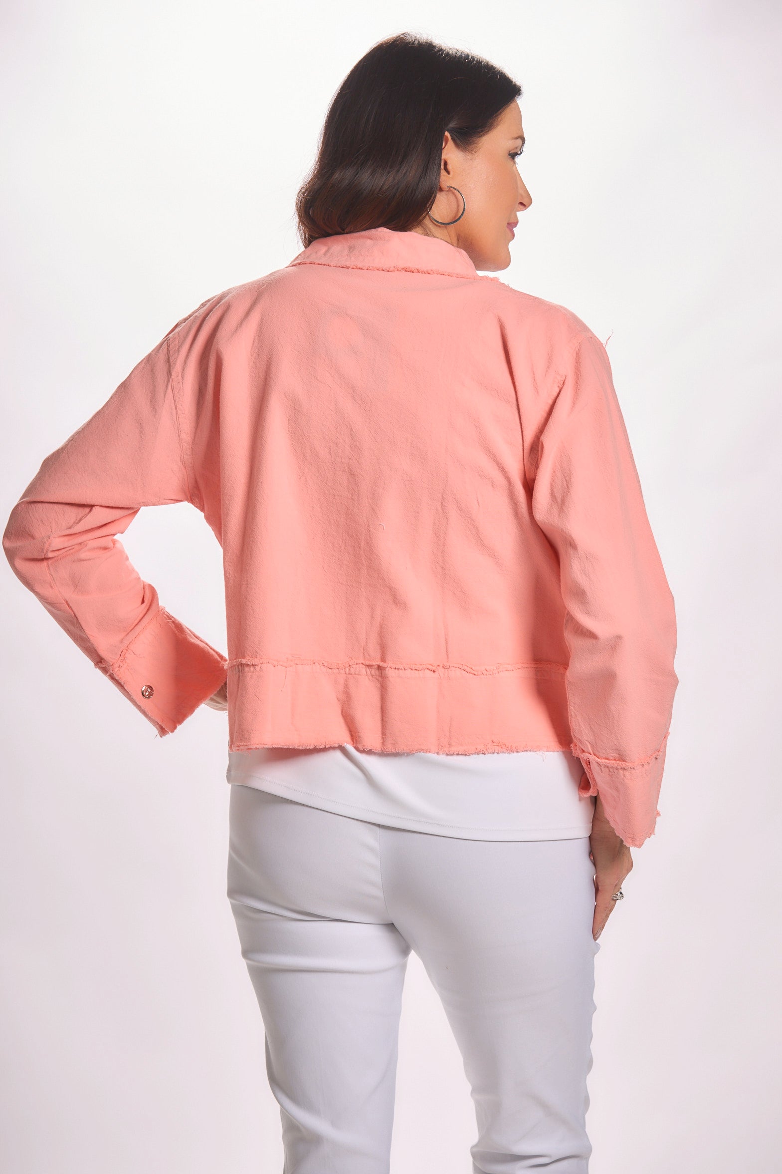 Back image of melon color lightweight snap front jacket