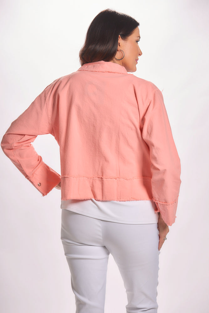 Back image of melon color lightweight snap front jacket