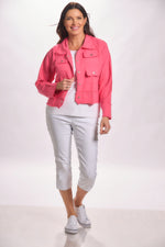 Full front image long sleeve lightweight snap front strawberry color jacket