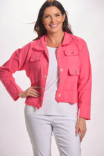 Front image long sleeve lightweight snap front strawberry color jacket