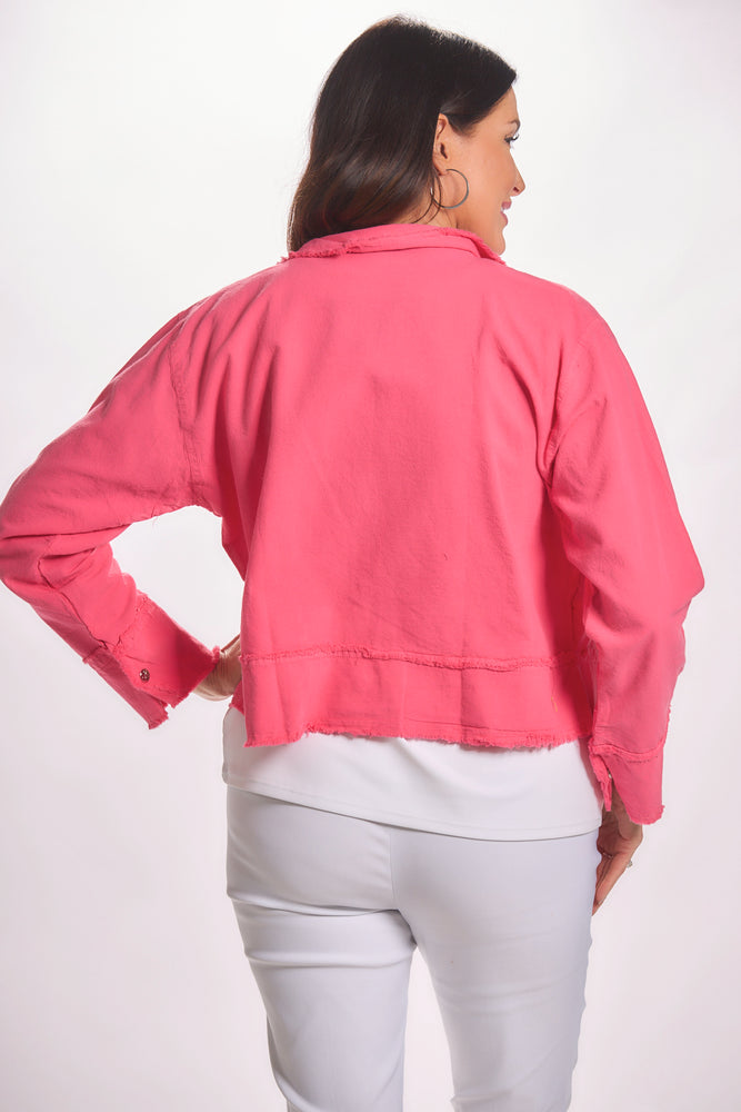 Back image long sleeve lightweight snap front strawberry color jacket