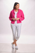 Full front image long sleeve fuchsia lightweight jacket with snap front