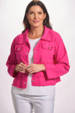 Front image long sleeve fuchsia lightweight jacket with snap front