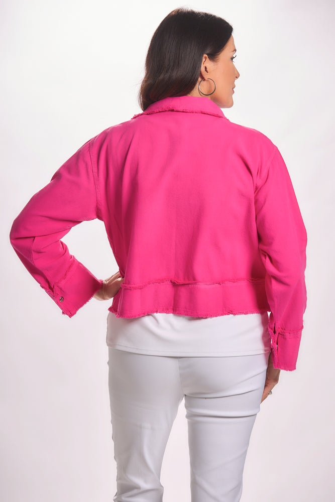 Back image long sleeve fuchsia lightweight jacket with snap front