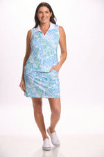 Full front image of sleeveless UPF 50 golf polo in blue print