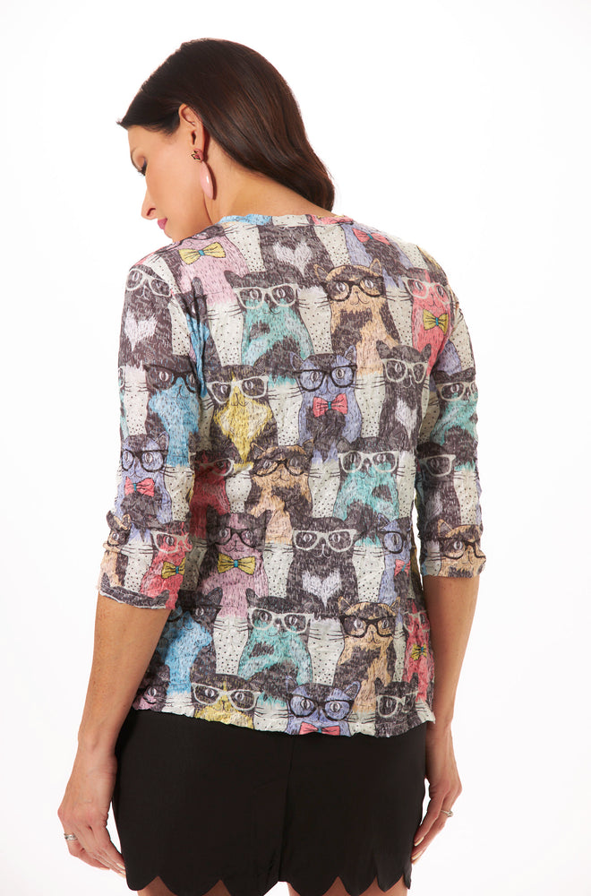 image of v-neck top with cute cats print 