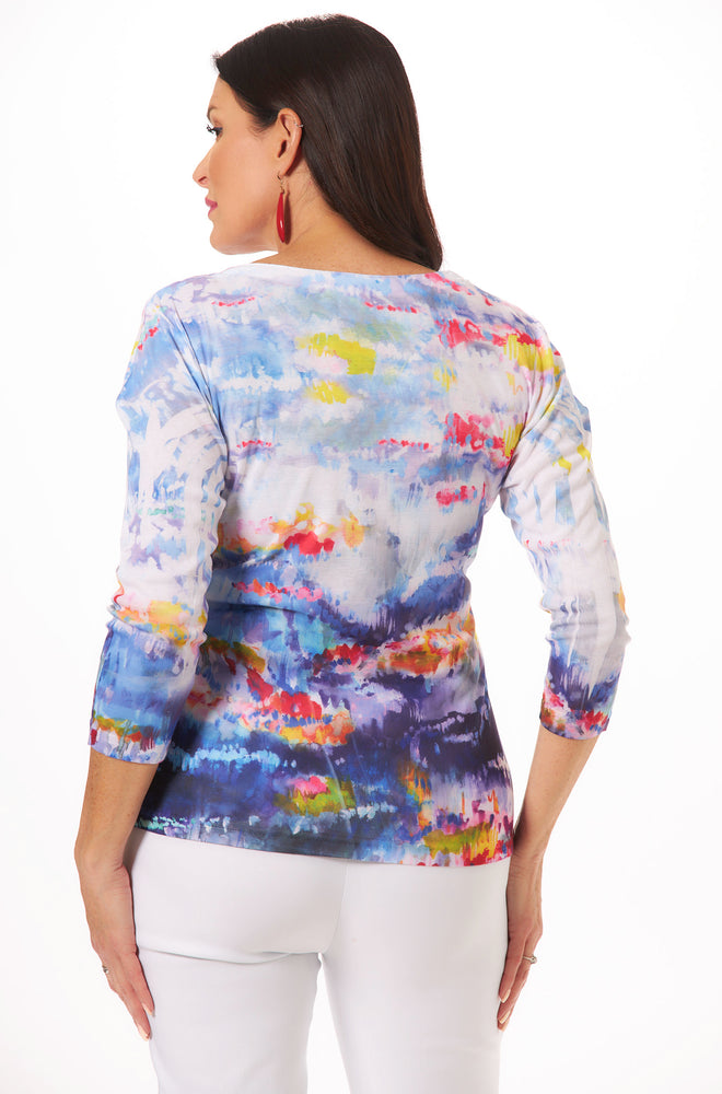 image of 3/ 4 sleeve split neck top colorful 