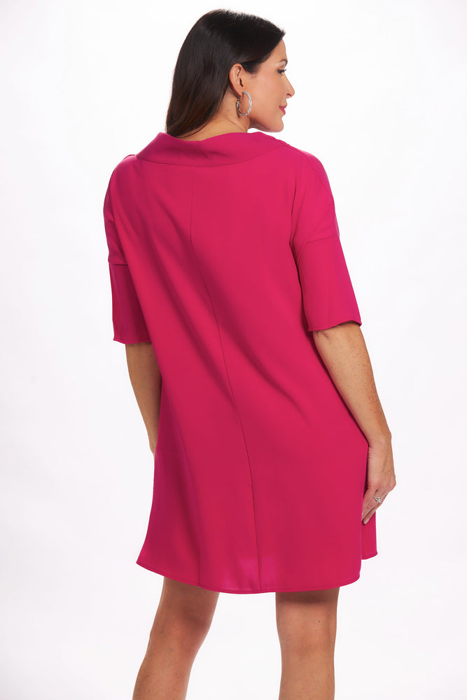 Back view pink shift dress with cowl neck, 3/4 sleeves and 2 hidden pockets