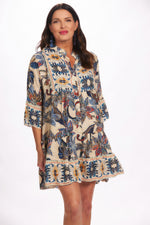 Front image of blue flower button down dress. Flower printed dress made in italy. 