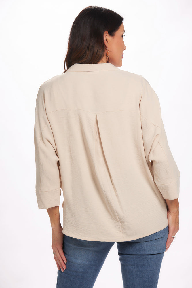back view 2 button air flow top 3/4 sleeve sand color
