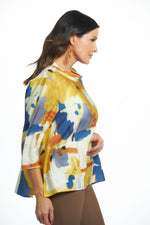 3/4 sleeve yellow print top side view