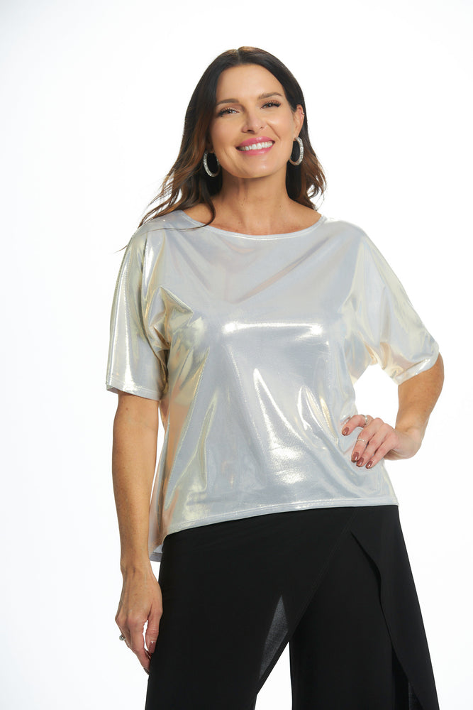 Front view gold foil dolman sleeve top