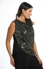 Side view gold sequin sleeveless cowl neck top