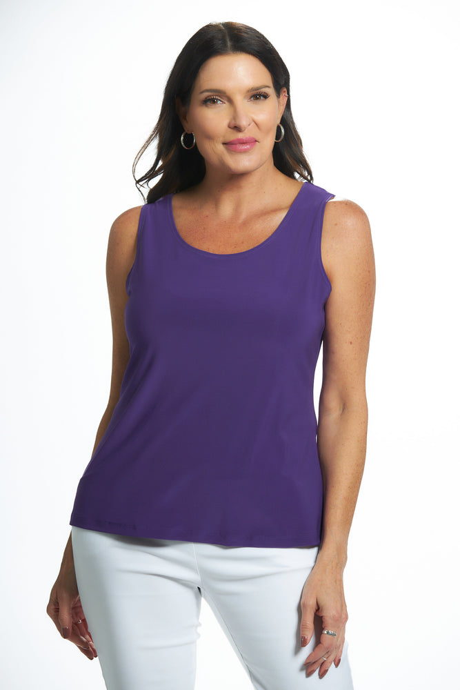 Purple mid length sleeveless scoop neck tank front view