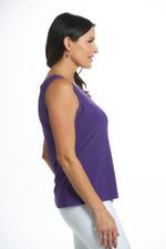 Purple mid length sleeveless scoop neck tank side view