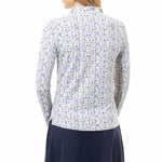Back image of SanSoleil long sleeve zip from top in Tuscany blue print. 