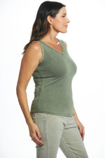 Side image of look mode raw edge tank top. Olive green basic sleeveless top. 