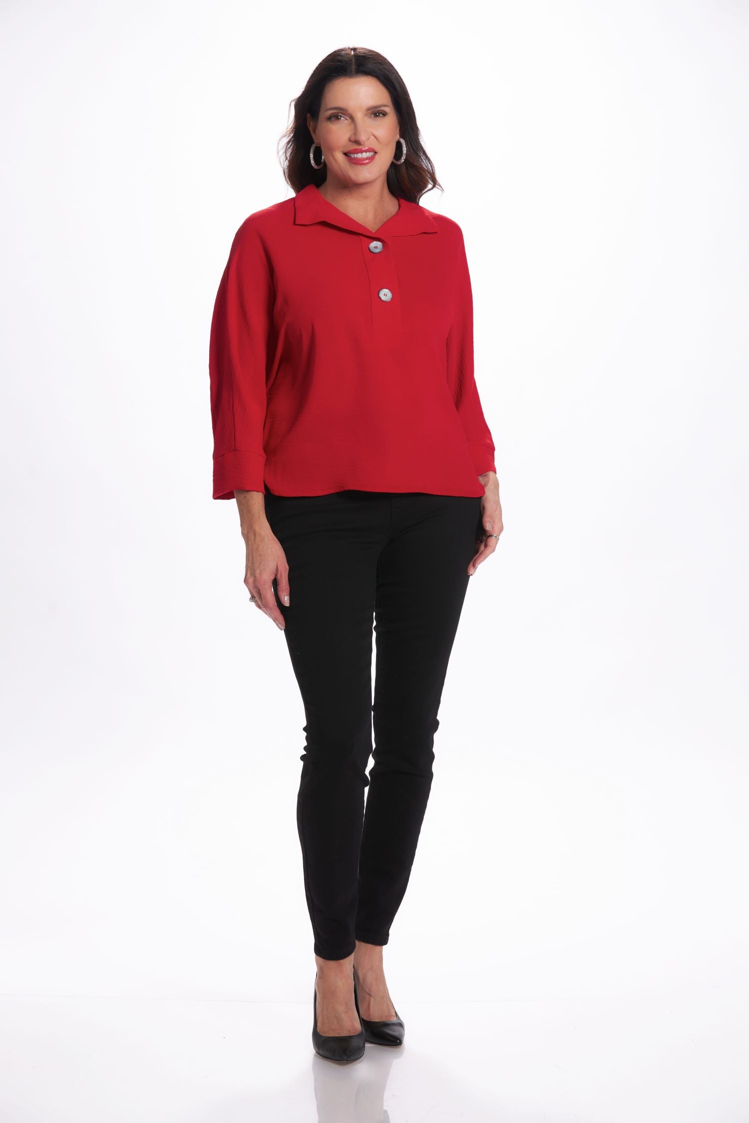 Front image of red air flow top. Two button air flow top. 