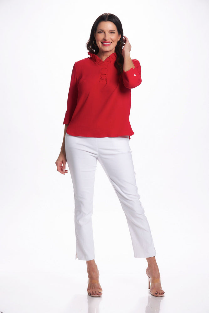 Front image of Ruffle 3/4 sleeve air flow top. Red top. 
