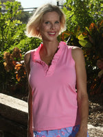 Front image of AnaClare calla solid ruffle top. Pink sleeveless tank top. 