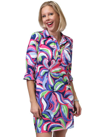 Front image of Anaclare Marin flounce sleeve dress in nimbus multi print.