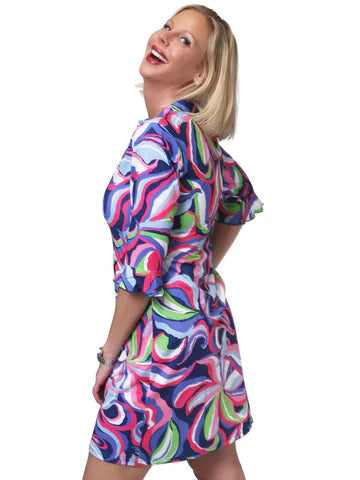 Back image of Anaclare Marin flounce sleeve dress in nimbus multi print.