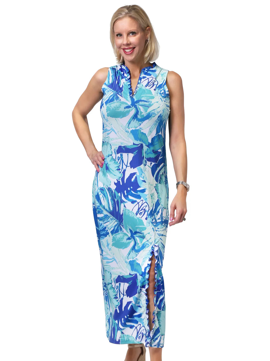 Front image of Anaclare Jacen maxi dress in aloha print.