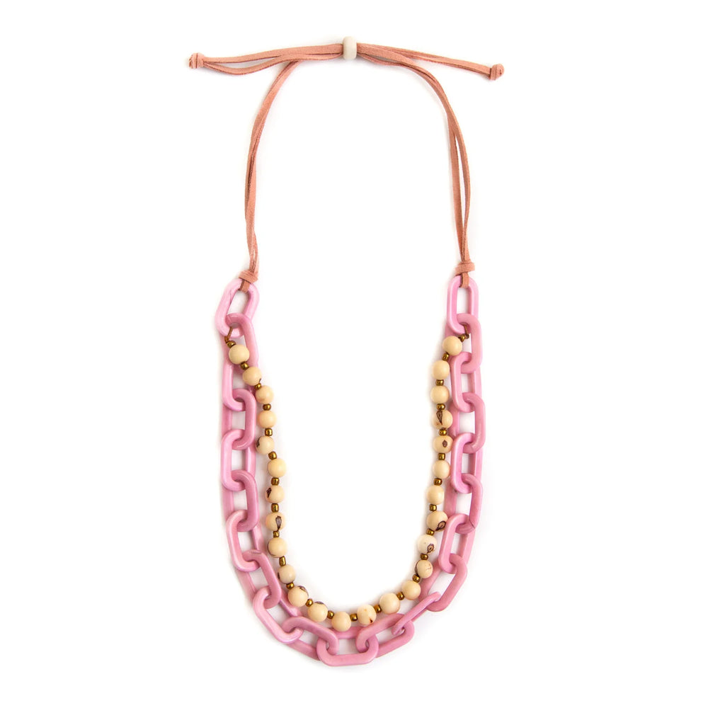 Front image of Tagua Amaranta necklace. Pink and ivory handmade necklace. 