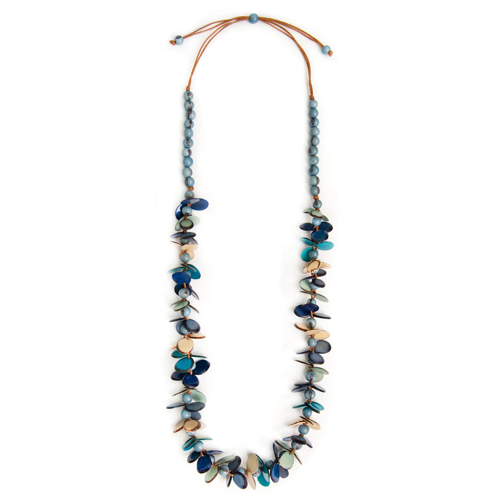 Front image of tagua Mariela Necklace. Blue and ivory long necklace. 
